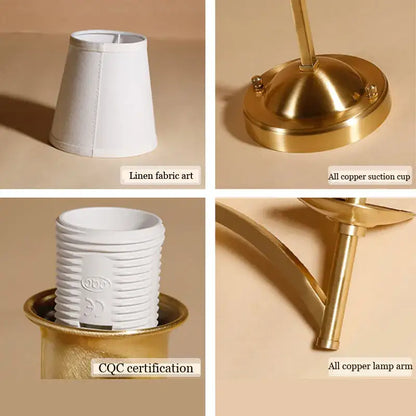 Modern gold and cream fabric wall lamp with white linen shade and decorbites copper wall lamp base and arm