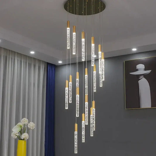 Modern gold and crystal cylindrical stair chandelier with a circular ceiling mount for decorbites cylindrical stair decor