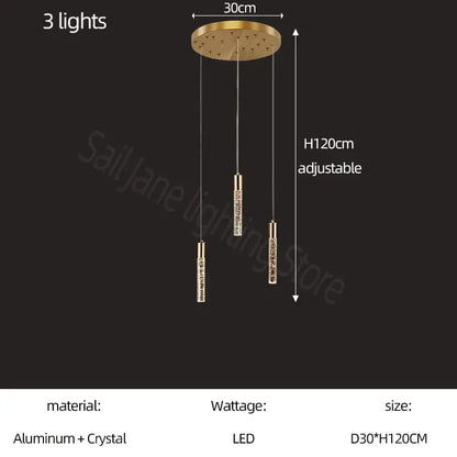 Modern gold and crystal cylindrical stair chandelier with three crystal-encrusted led bulbs on aluminum mount by decorbites cylindrical stair