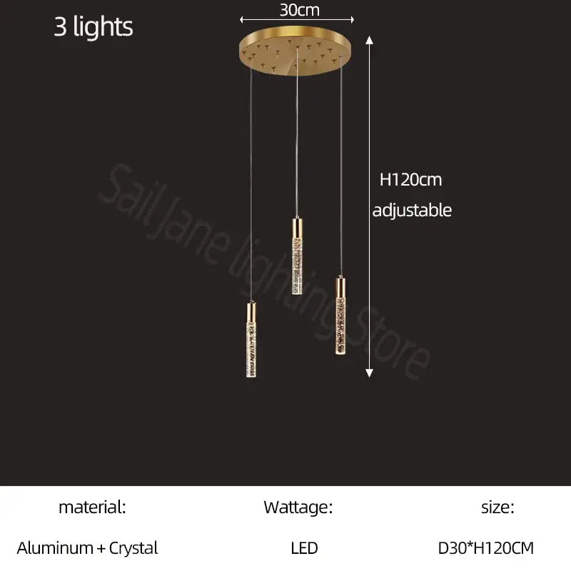 Modern gold and crystal cylindrical stair chandelier with three crystal-encrusted led bulbs on aluminum mount by decorbites cylindrical stair