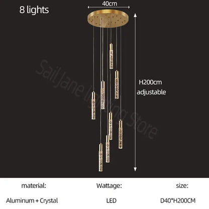 Modern gold and crystal cylindrical stair chandelier with eight LED lights and aluminum circular base by decorbites cylindrical stair
