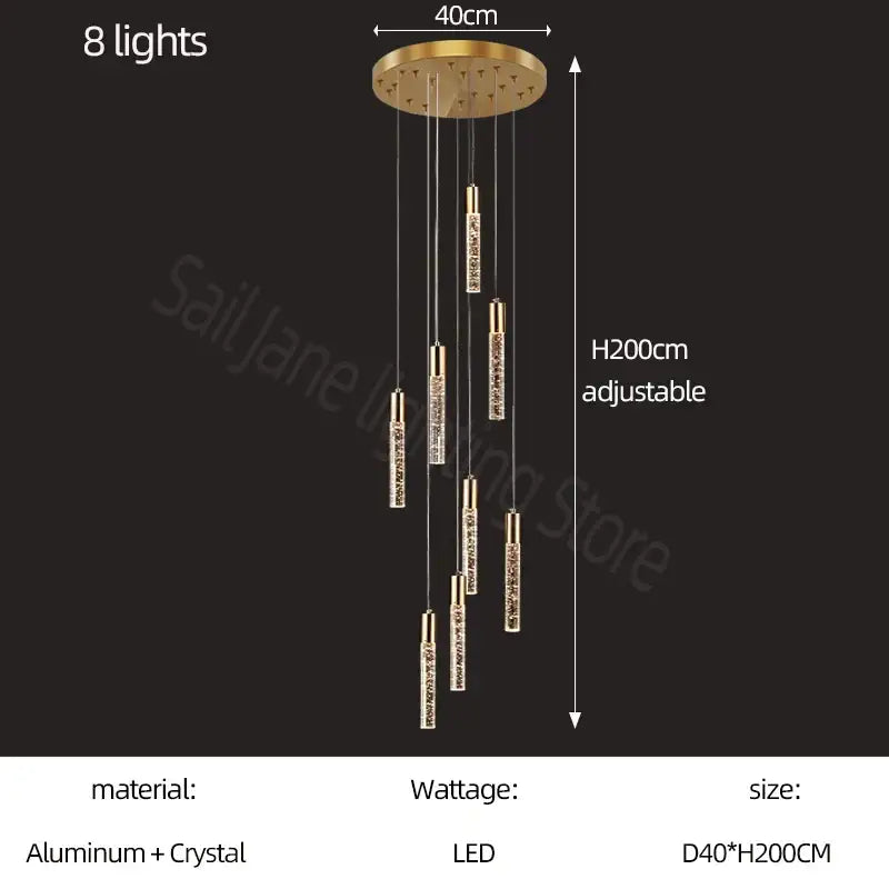 Modern gold and crystal cylindrical stair chandelier with eight LED lights and aluminum circular base by decorbites cylindrical stair