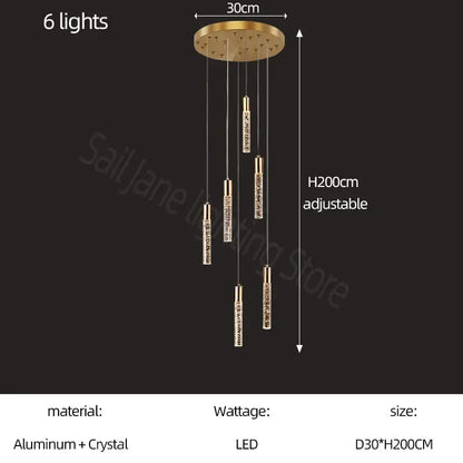 Modern gold and crystal cylindrical stair chandelier with six crystal LED lights on circular aluminum base decorbites cylindrical stair
