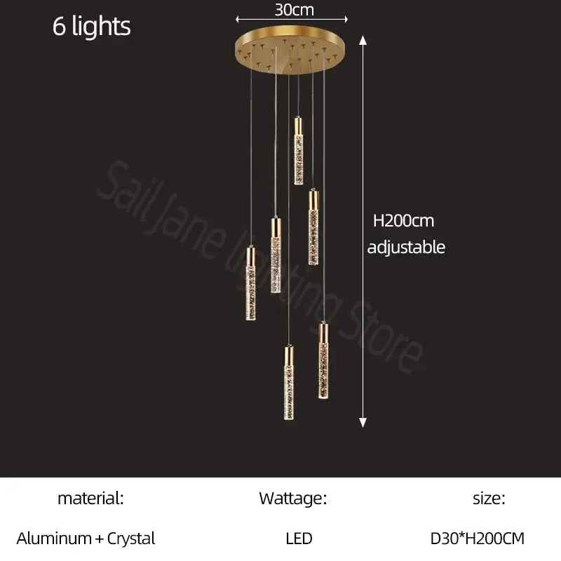 Modern gold and crystal cylindrical stair chandelier with six crystal LED lights on circular aluminum base decorbites cylindrical stair