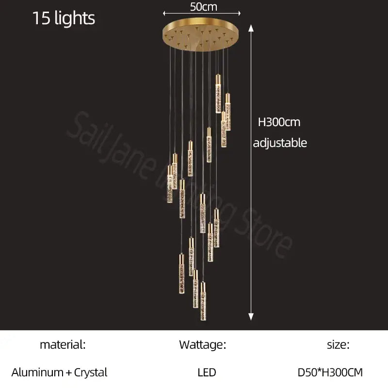 Modern gold and crystal cylindrical stair chandelier with 15 led lights and circular aluminum base by decorbites cylindrical stair