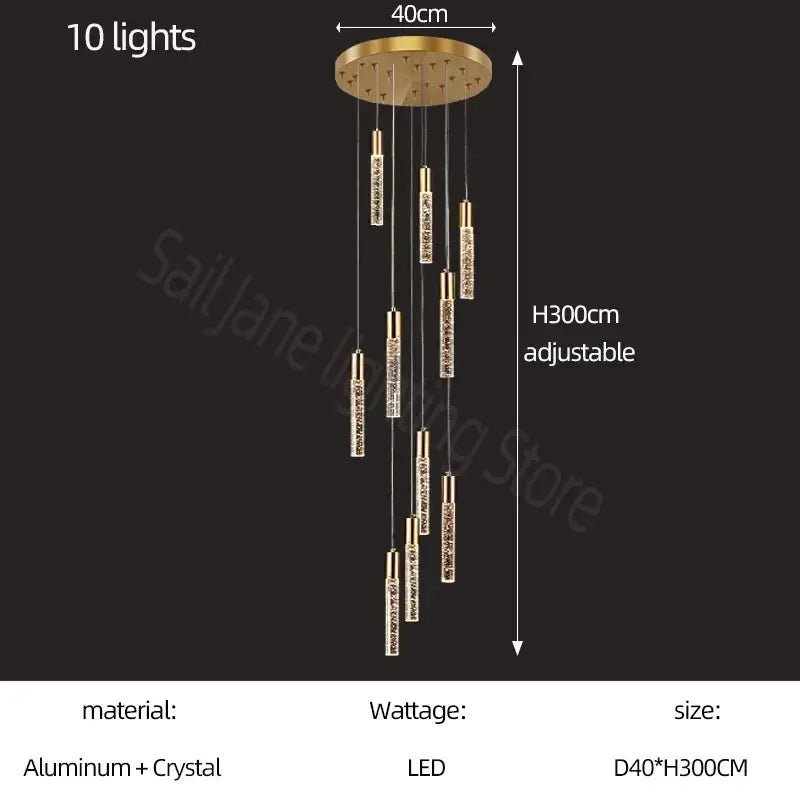 Modern gold and crystal cylindrical stair chandelier with ten slender crystal-encrusted pendants by decorbites cylindrical stair