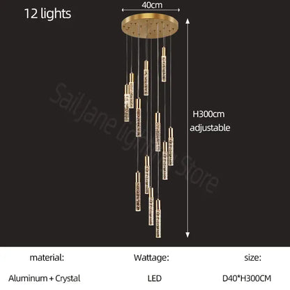 Modern gold and crystal cylindrical stair chandelier with 12 crystal-encrusted led lights on aluminum base decorbites cylindrical stair