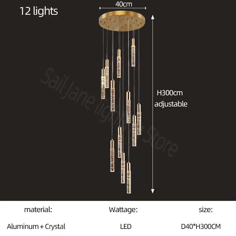 Modern gold and crystal cylindrical stair chandelier with 12 crystal-encrusted led lights on aluminum base decorbites cylindrical stair
