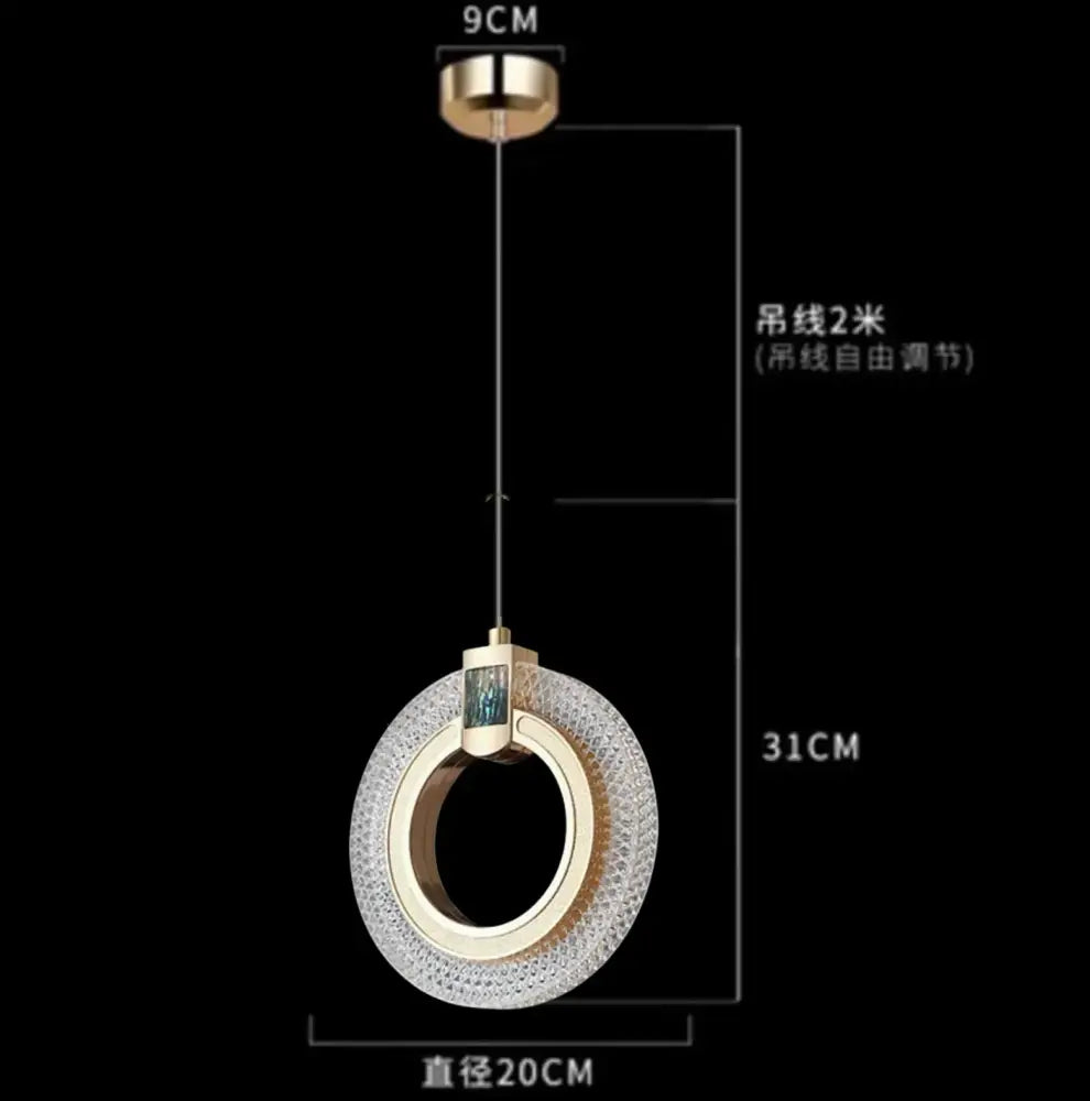 Modern gold and crystal oval bedside pendant light with circular ring and adjustable 2-meter hanging chain