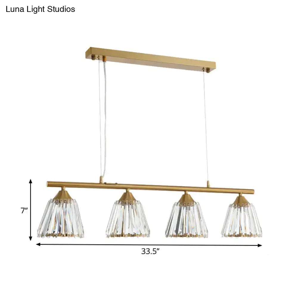 Modern gold pendant light with four clear faceted crystal shades on a horizontal bar 220v-240v for dining room