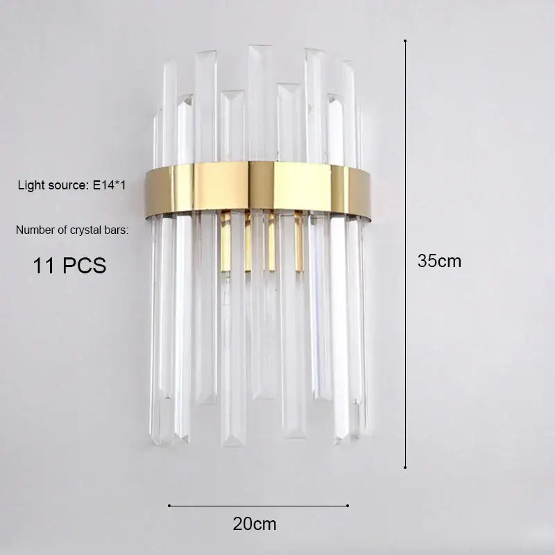Elegant modern gold and crystal wall light with 11 clear crystal bars in a vertical cascade for living room decorbites crystal wall
