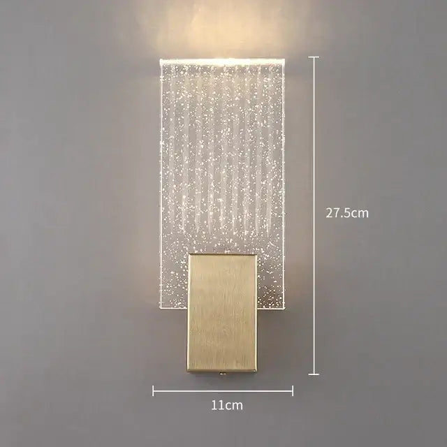 Modern gold and glass led wall lamps featuring a rectangular translucent crystal panel with embedded sparkling lights