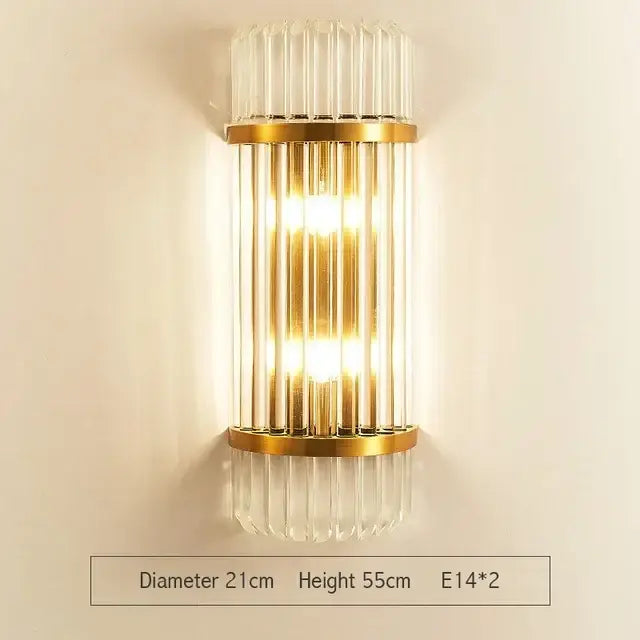 Modern gold and glass led wall lamp with vertical crystal rods and warm glowing light for bedroom wall lamps
