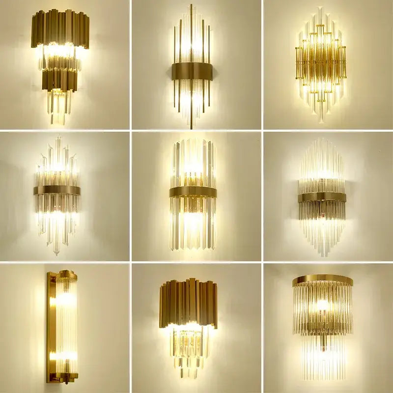 Modern gold and glass led wall lamps featuring clear glass rods and a cascading design for bedroom wall lamps