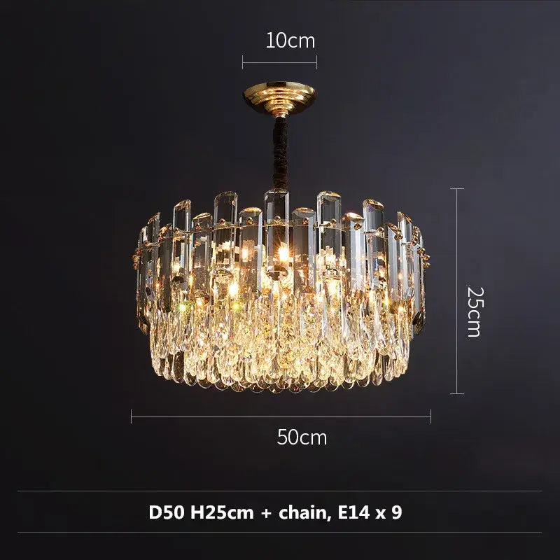 Modern gold and gray clear crystal pendant lamp with luxurious crystal k9 led prisms and nine e14 bulbs for living room