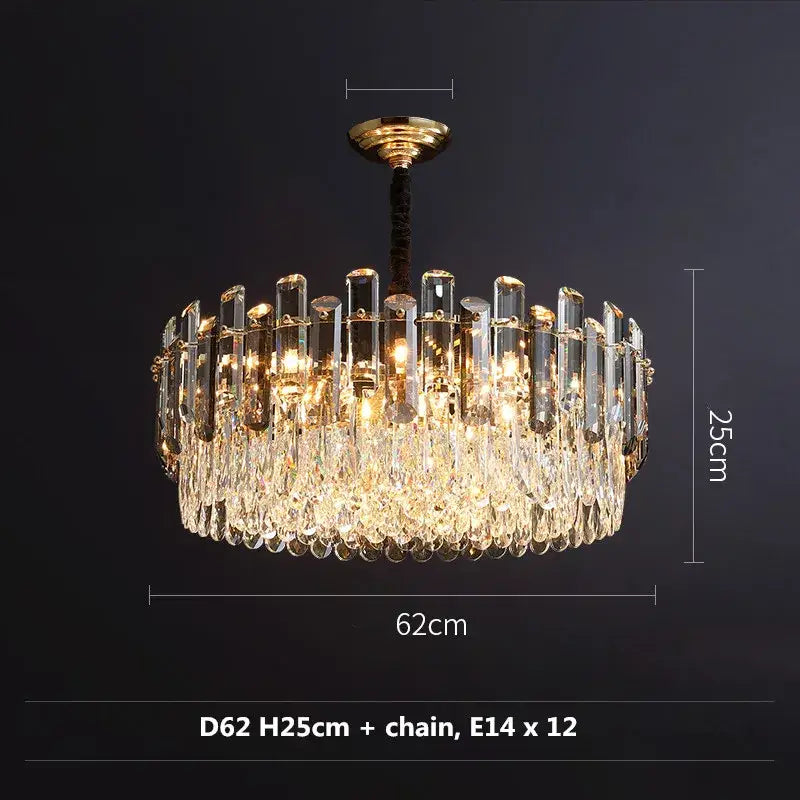 Modern gold pendant lamp with gray clear crystal k9 led rods and teardrop crystals, 62cm diameter and 25cm height