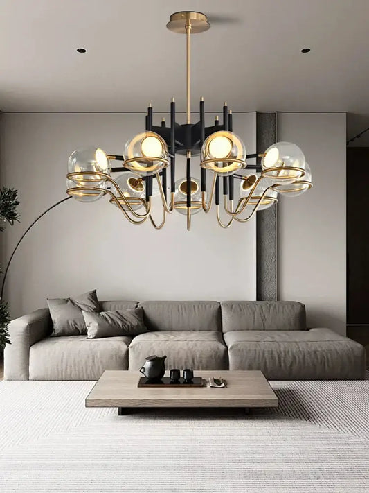 Modern gold and gray glass ceiling chandelier with metal arms and spherical decorbites gray glass globes for living room decor