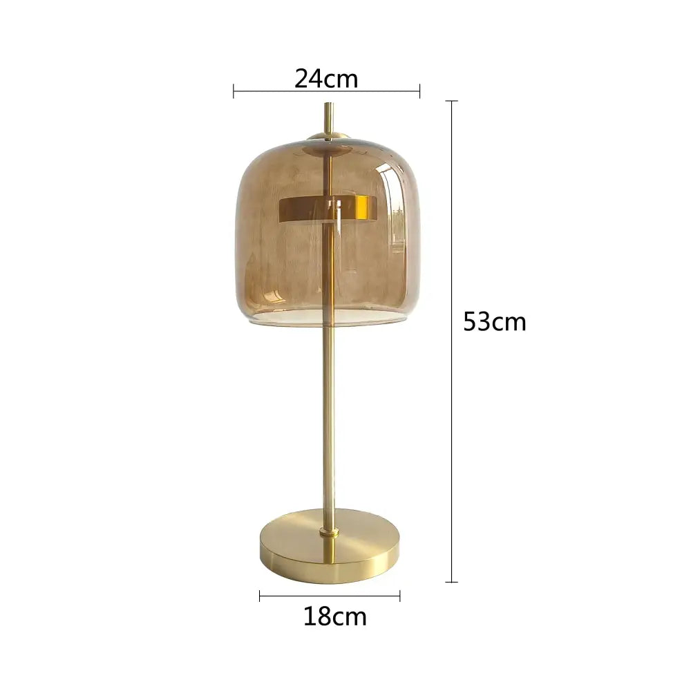Modern gold and gray glass table lamp set featuring a translucent amber glass table lamp with gold metal base for bedroom