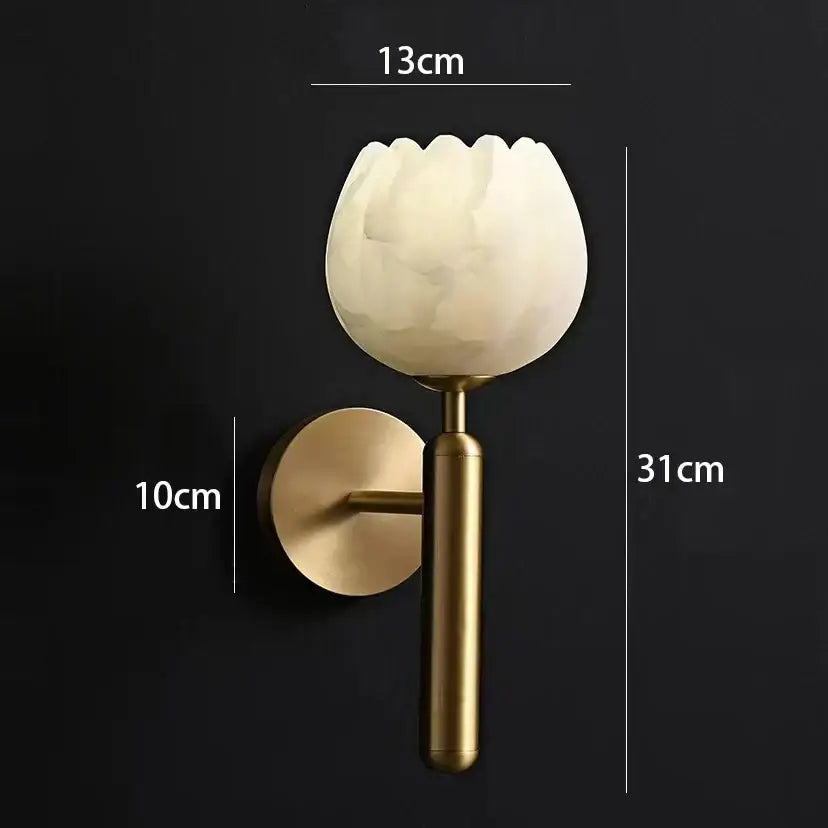 Modern gold and gray glass wall lamp with a delicate white opaline lotus-shaped glass wall lamp shade and brass finish