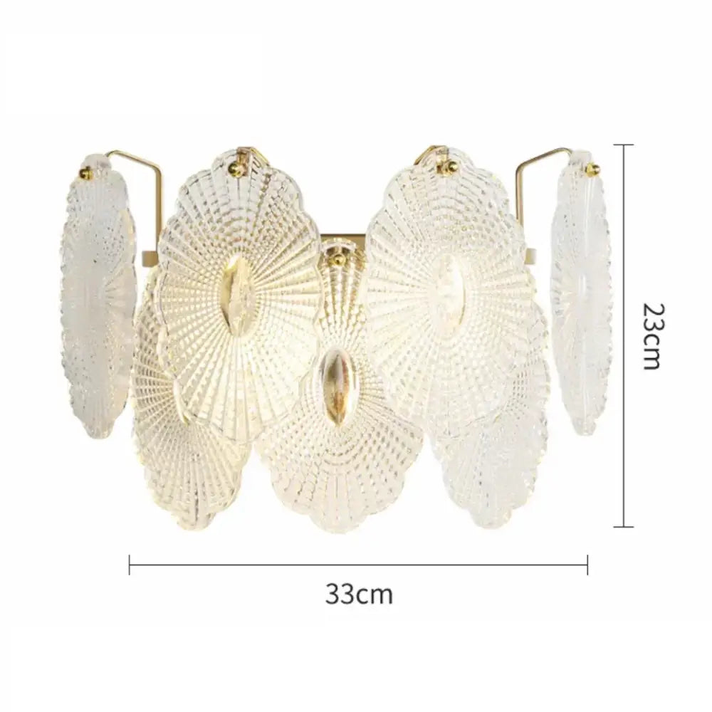 Modern gold and gray glass wall lamp featuring a delicate translucent white glass chandelier with fan-shaped designs