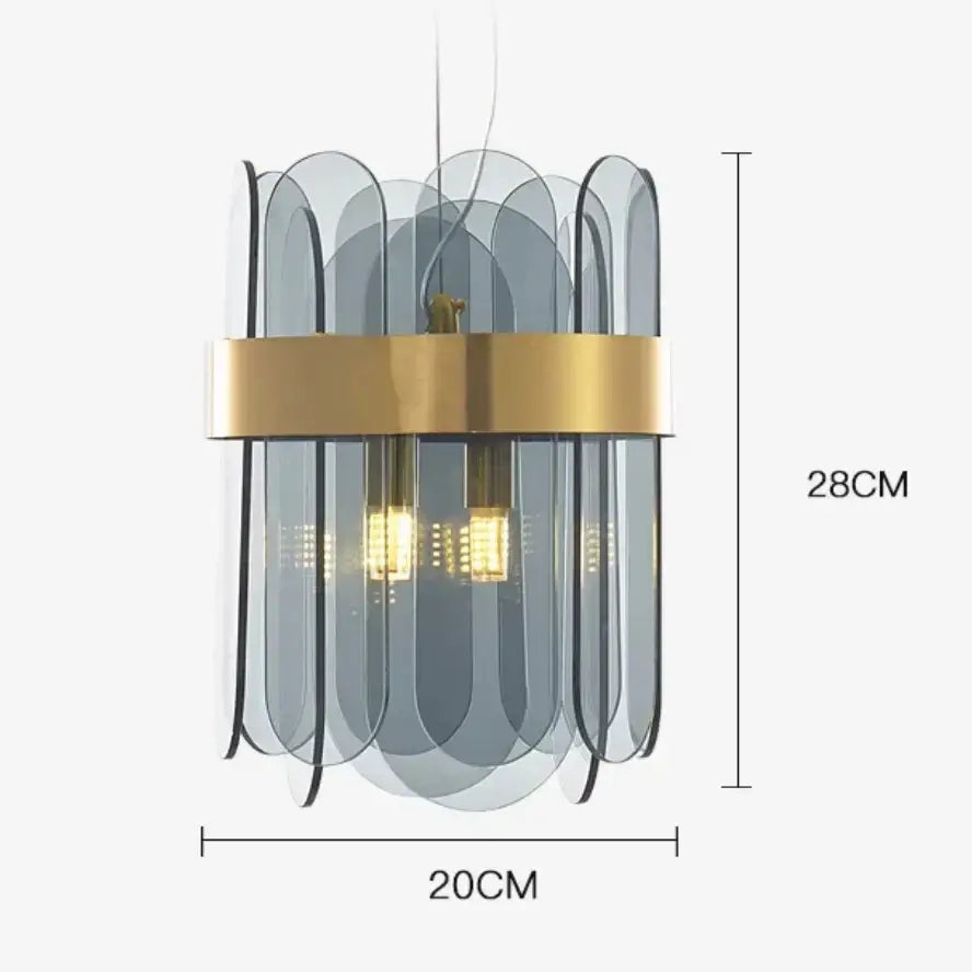 Modern gold and gray glass wall lamp with cylindrical translucent panels and polished metal band for living room use