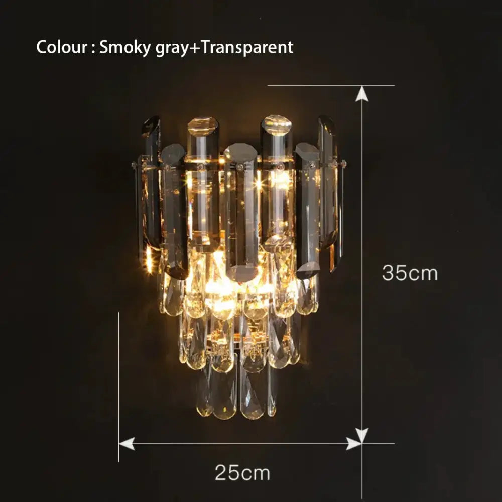 Modern gold and gray glass wall lamp with smoky gray crystal chandelier and tiered design for living room use