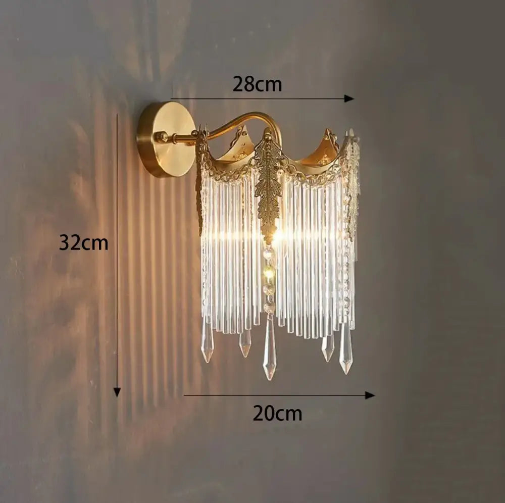 Modern gold wall lamp with cascading crystal prisms gray glass leaf sconce for elegant living room lighting