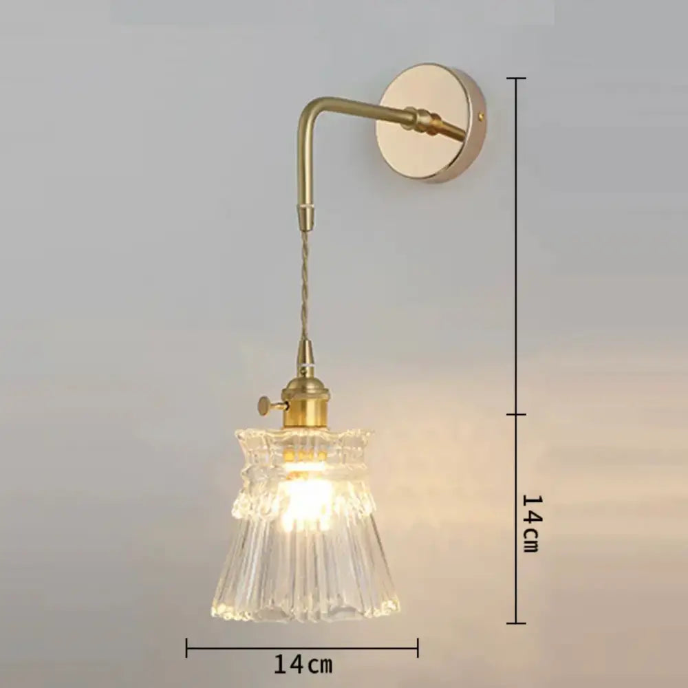 Vintage-style brass wall lamp with clear fluted gray glass wall shade for living room leaf sconce decor