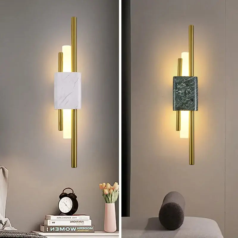 Modern gold and green marble wall lamp with metal frame and marble accent panel for bedroom sconce lighting