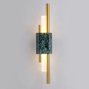 Modern gold wall lamp featuring green marble accent band and gold-toned metal rods for elegant bedroom lighting