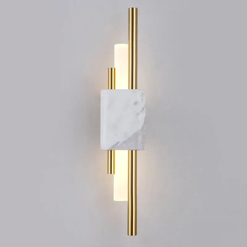 Modern wall lamp featuring gold-toned metal rods and white marble accent for elegant bedroom marble wall lamp design