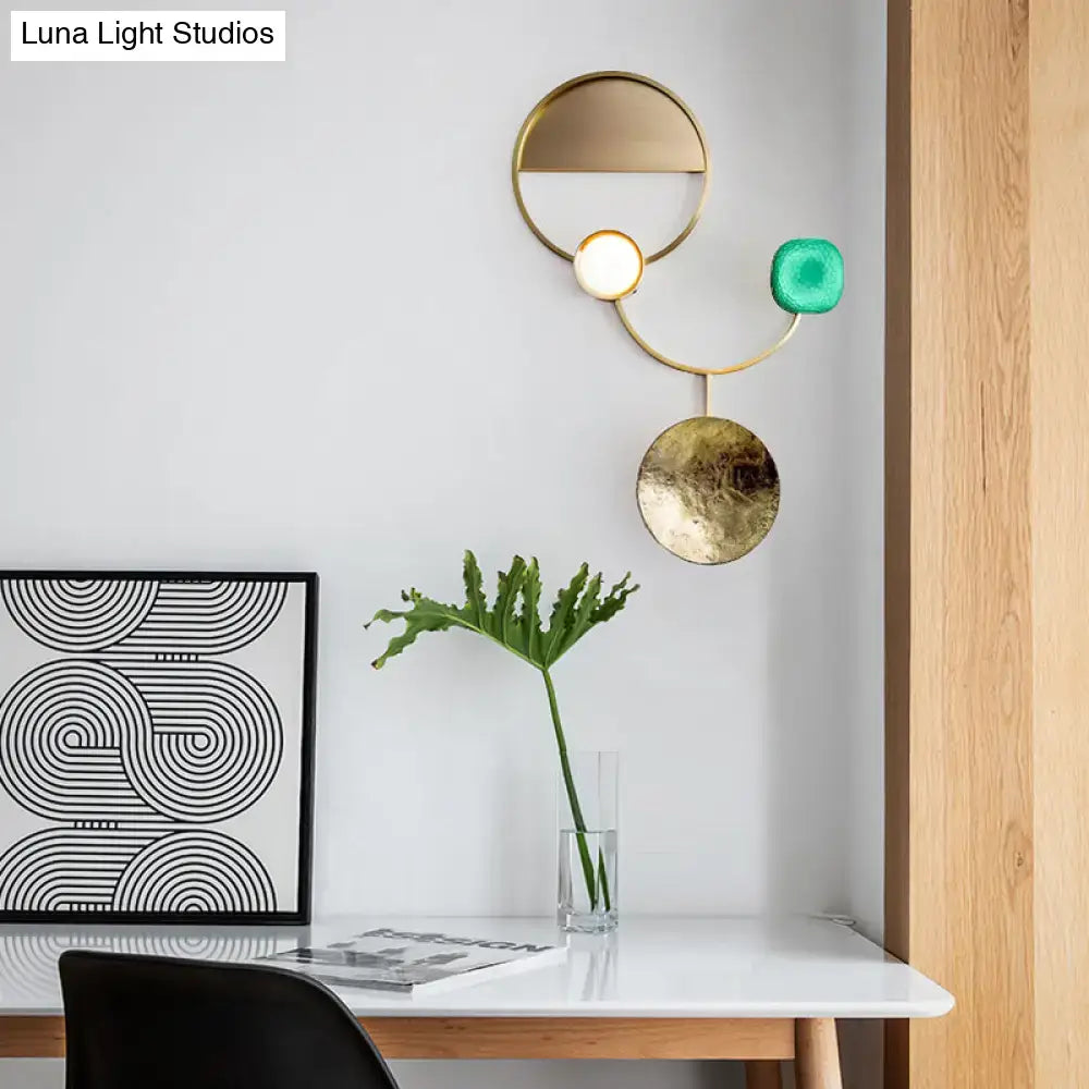 Modern gold and green orbit wall sconce wall lamp with geometric gold metal and teal circular glass elements