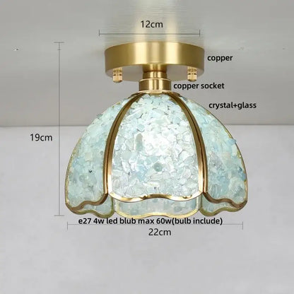 Modern gold and pale green glass mosaic ceiling light with decorbites copper canopy led and a translucent blue crystal dome shade