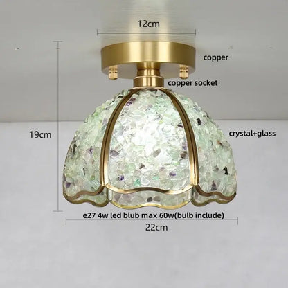 Modern gold and pale green glass mosaic ceiling light with decorbites copper canopy led and ornate crystal shade