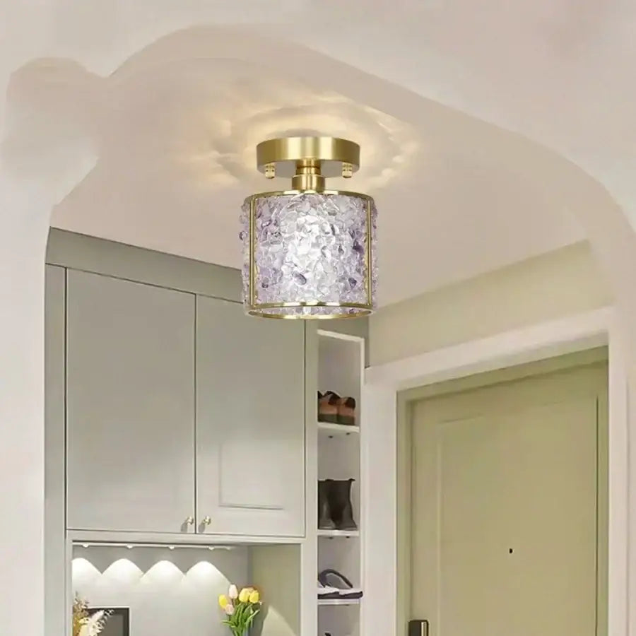 Modern gold and pale green glass mosaic ceiling light with a gold-toned crystal-encrusted shade decorbites copper canopy led