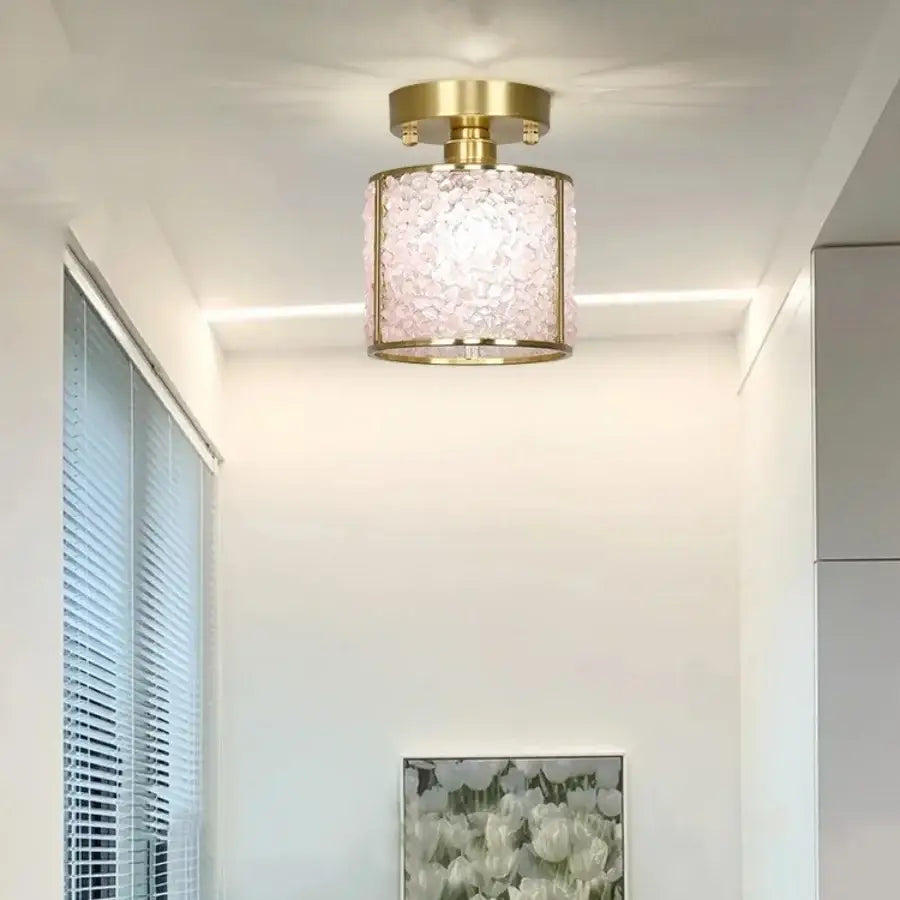 Modern gold and pink column glass crystal ceiling light with textured translucent shade perfect for bedroom decorbites column glass
