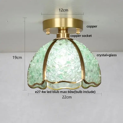 A delicate mint-green column glass crystal ceiling light with brass copper finish and scalloped decorbites design