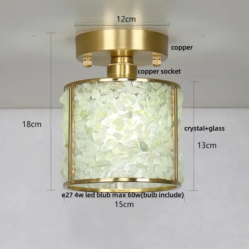 Modern gold and pink column glass crystal ceiling light with brass copper base and pale greenish illuminated body