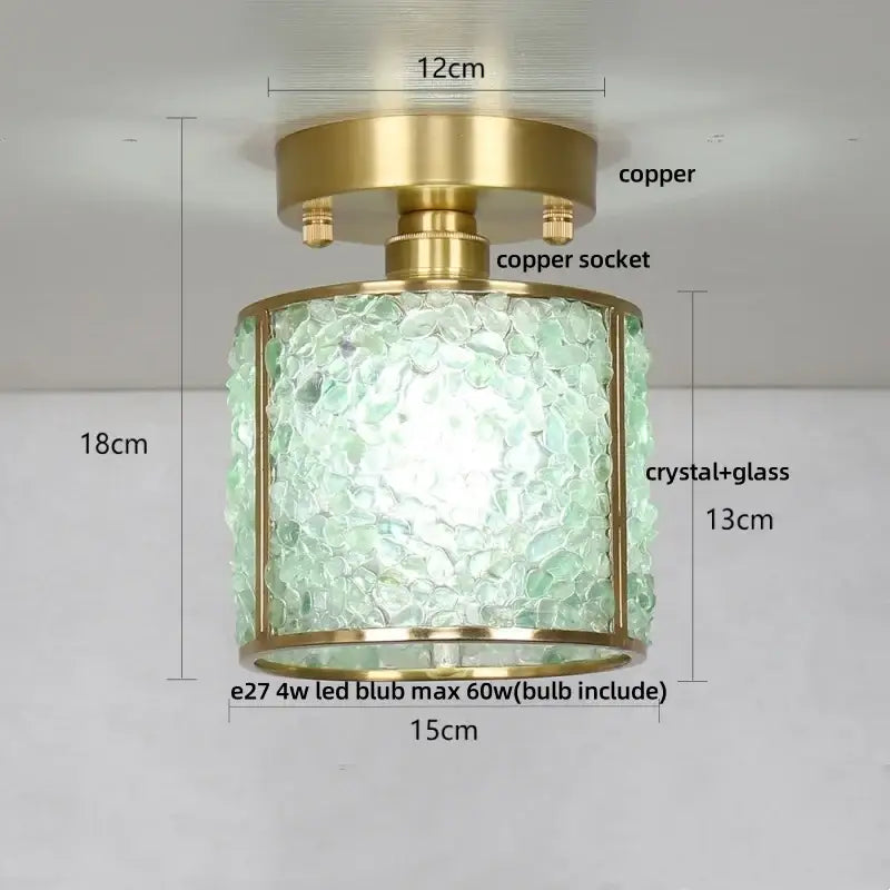 Modern gold and pink column glass crystal ceiling light with brass copper finish and textured pale green shade by decorbites