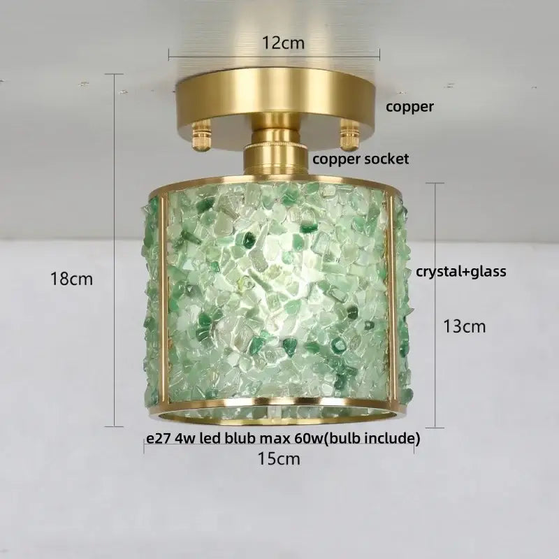 Modern gold and pink column glass crystal ceiling light with brass copper finish and green decorbites column glass fragments