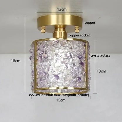 Modern gold and pink column glass crystal ceiling light with brass copper base and purple clear crystal fragments for bedroom decorbrite column glass ceiling light
