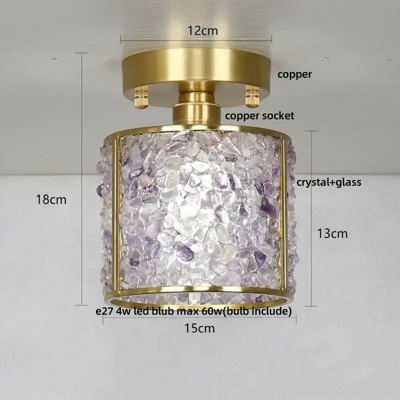 Modern gold and pink column glass crystal ceiling light with brass copper base and purple clear crystal fragments for bedroom decorbrite column glass ceiling light