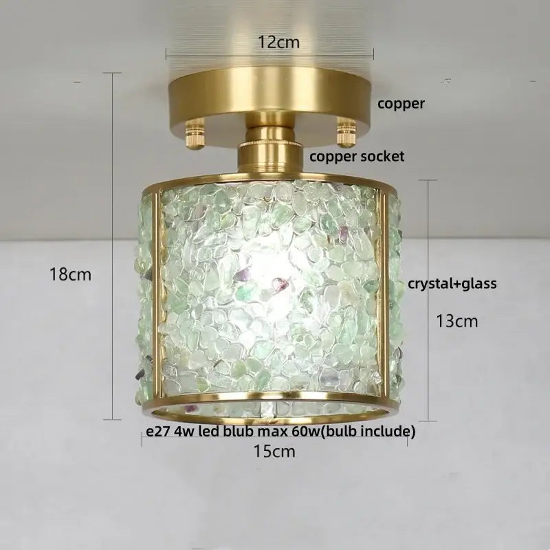 Modern gold and pink column glass crystal ceiling light with brass copper frame and green decorbites column glass shade