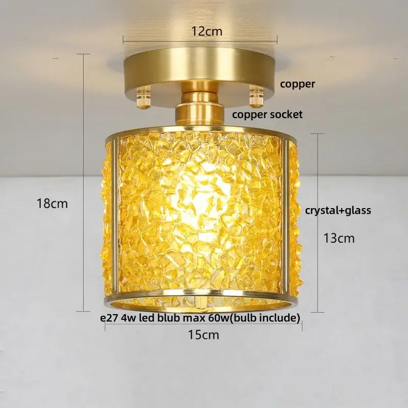 Modern gold and pink column glass crystal ceiling light with textured amber shade and copper hardware for bedroom decorbites column glass