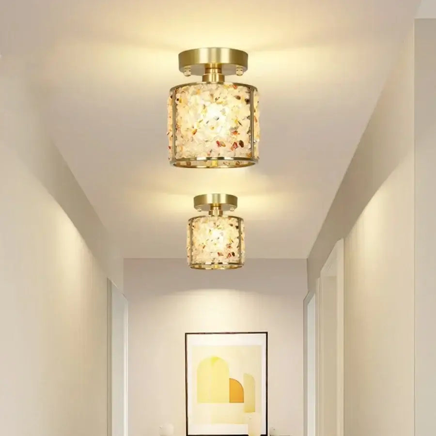 Modern gold and pink column glass crystal ceiling light with gold-toned mosaic shell decorbites column glass design