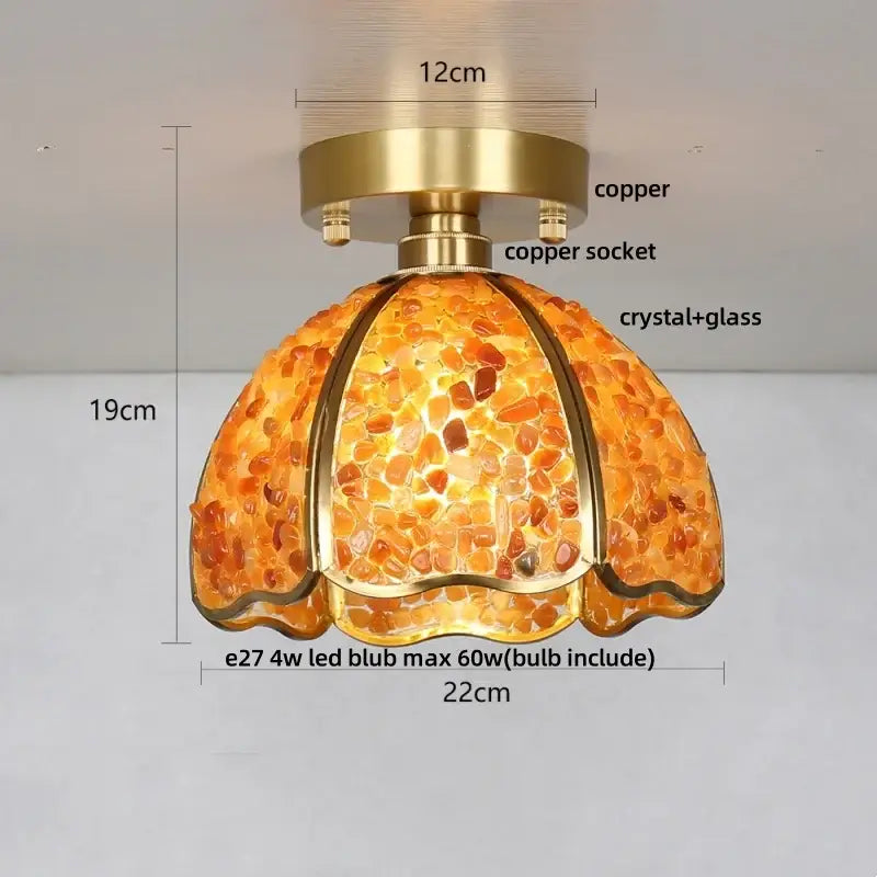 A warm amber mosaic glass decorbites column glass crystal ceiling light with brass copper frame for bedroom decor