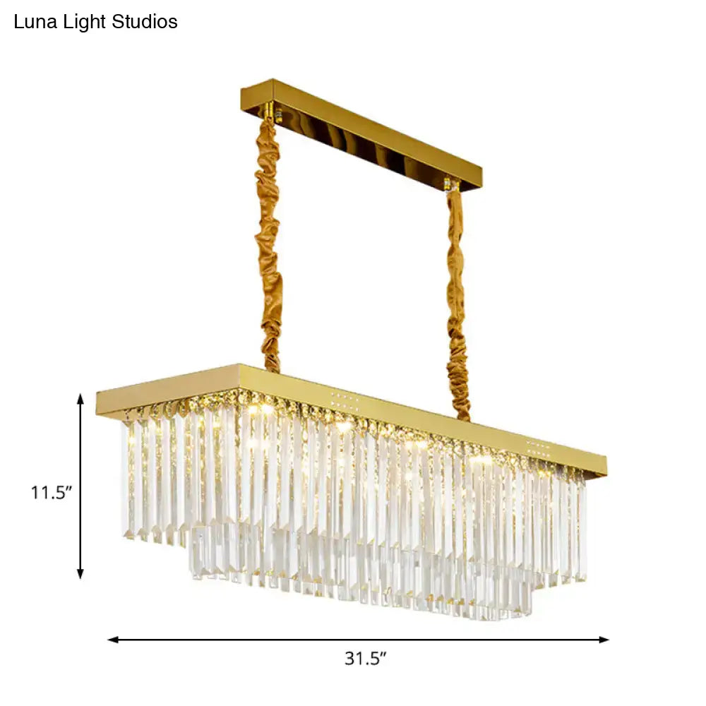 Modern gold and smoke gray crystal chandelier with cascading prisms and e12 e14 bulb base for kitchen island lighting