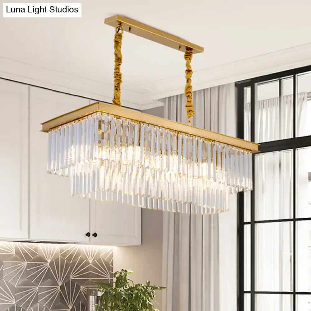 Modern gold smoke gray crystal chandelier with gold-toned rectangular design and cascading prisms for e12 e14 bulb base