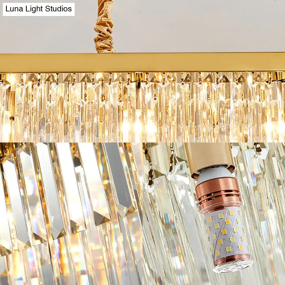 Modern gold and smoke gray crystal chandelier with cascading prisms and copper-finished e12 e14 bulb base