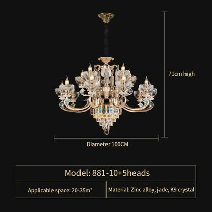 Elegant 71cm-high modern gold and teal decorbites crystal candle chandelier with zinc alloy arms and k9 crystal flowers